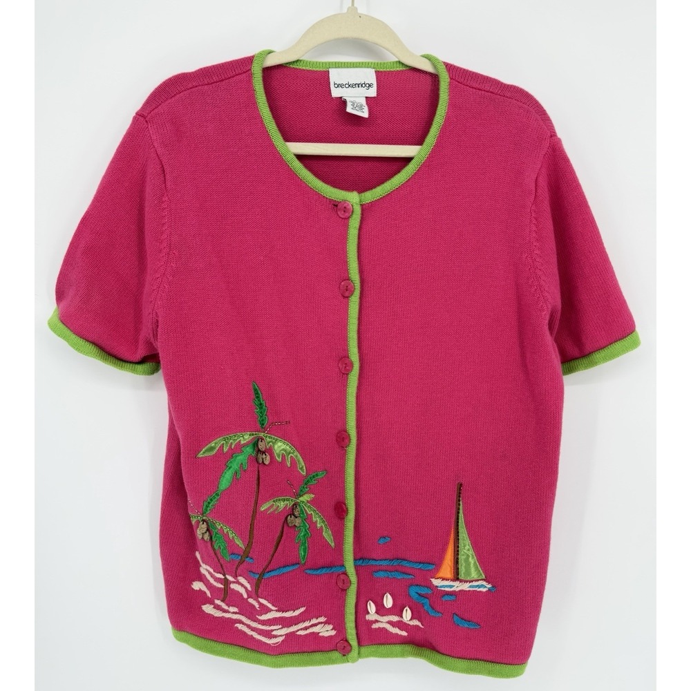 Vintage Breckenridge XL Knit Cardigan Sweater Embellished Sailboats Tropical Y2K
